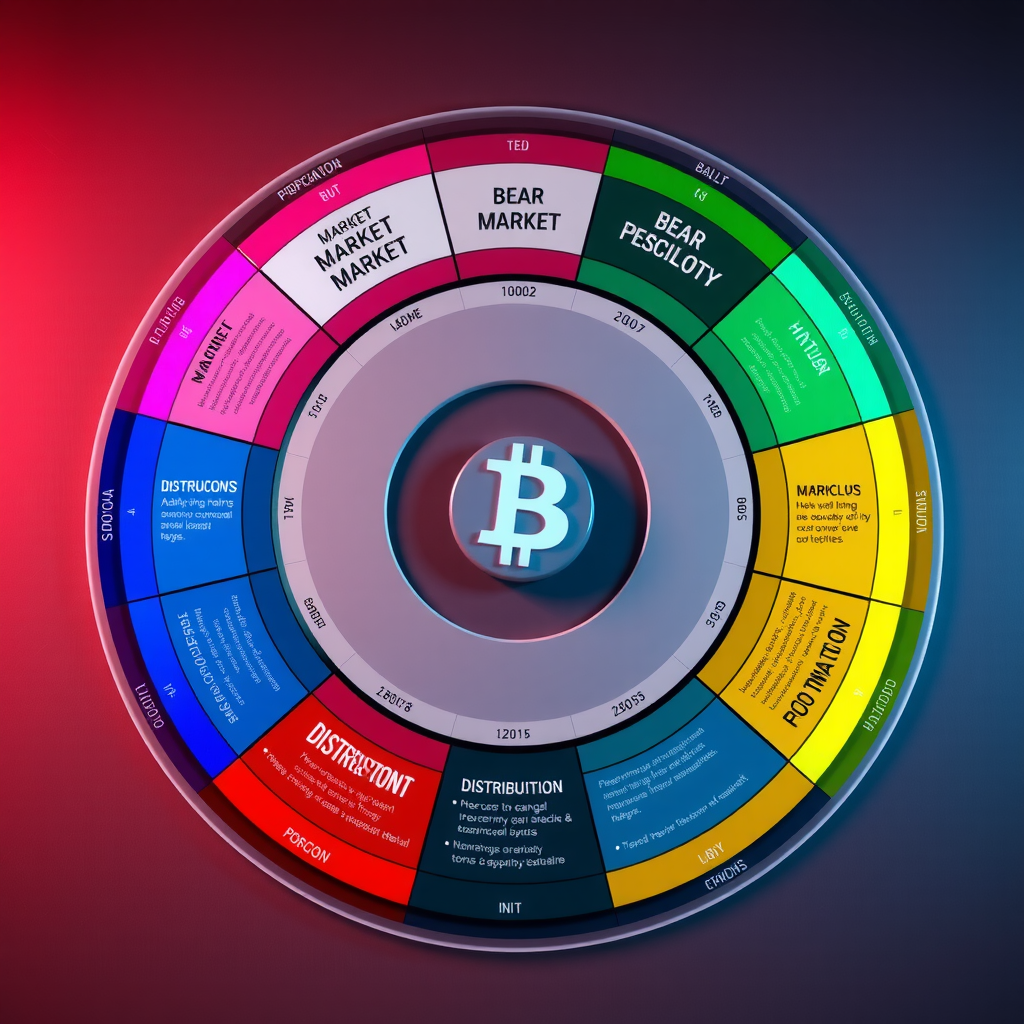 Educational chart showing cryptocurrency market cycle phases with bull and bear market indicators, market psychology stages, and historical pattern analysis displayed in a circular diagram with color-coded segments representing accumulation, markup, distribution, and markdown phases