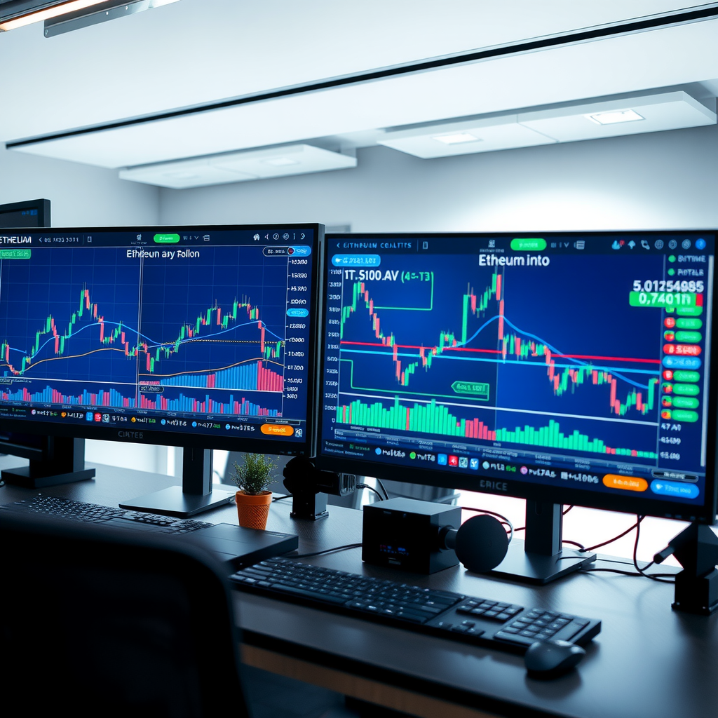 Professional cryptocurrency trading interface displaying real-time Bitcoin and Ethereum price charts with candlestick patterns, order books, and trading volume indicators on multiple monitors in a modern trading setup