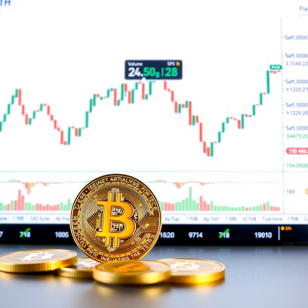 Bitcoin price chart displaying candlestick patterns, volume indicators, and technical analysis tools with moving averages and support resistance levels on a clean white background
