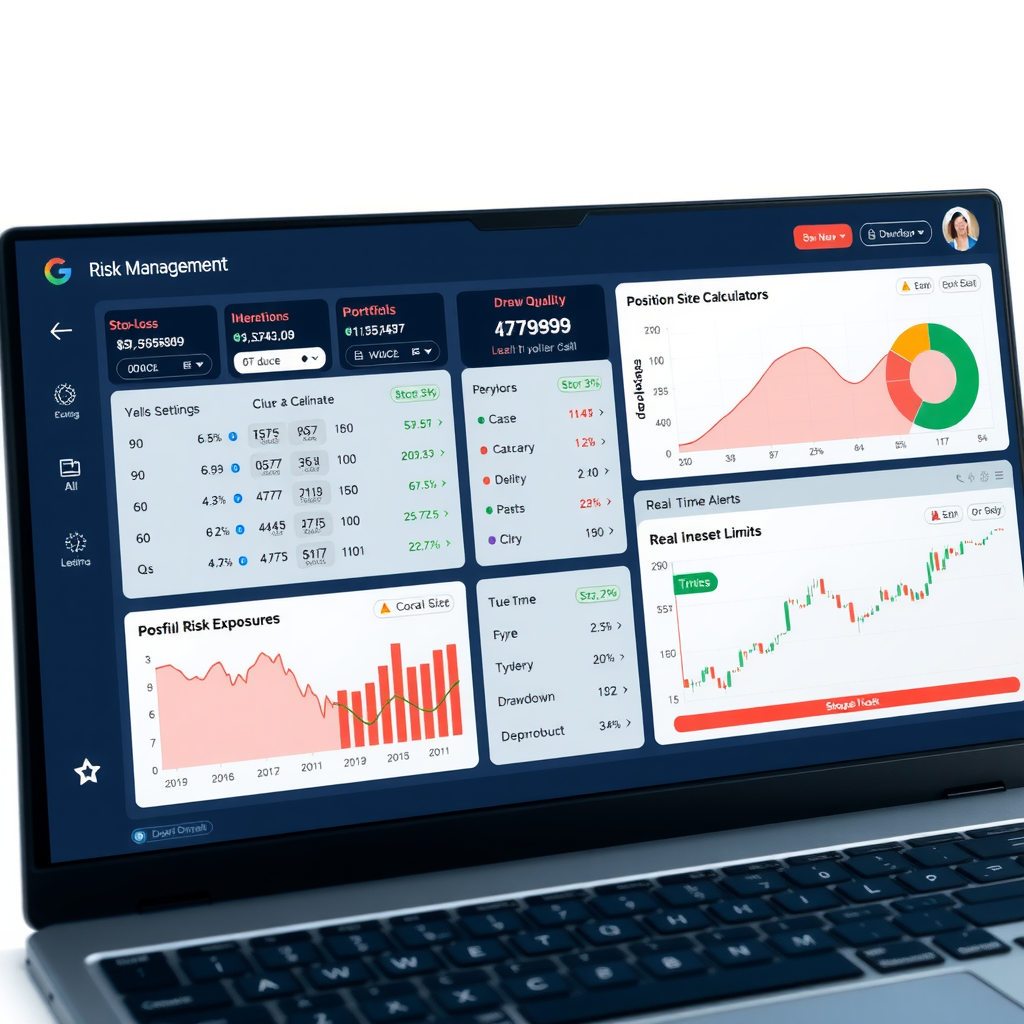 Comprehensive risk management dashboard displaying stop-loss settings, position size calculators, portfolio exposure metrics, drawdown limits, and real-time risk alerts with coral accent highlights for warning indicators