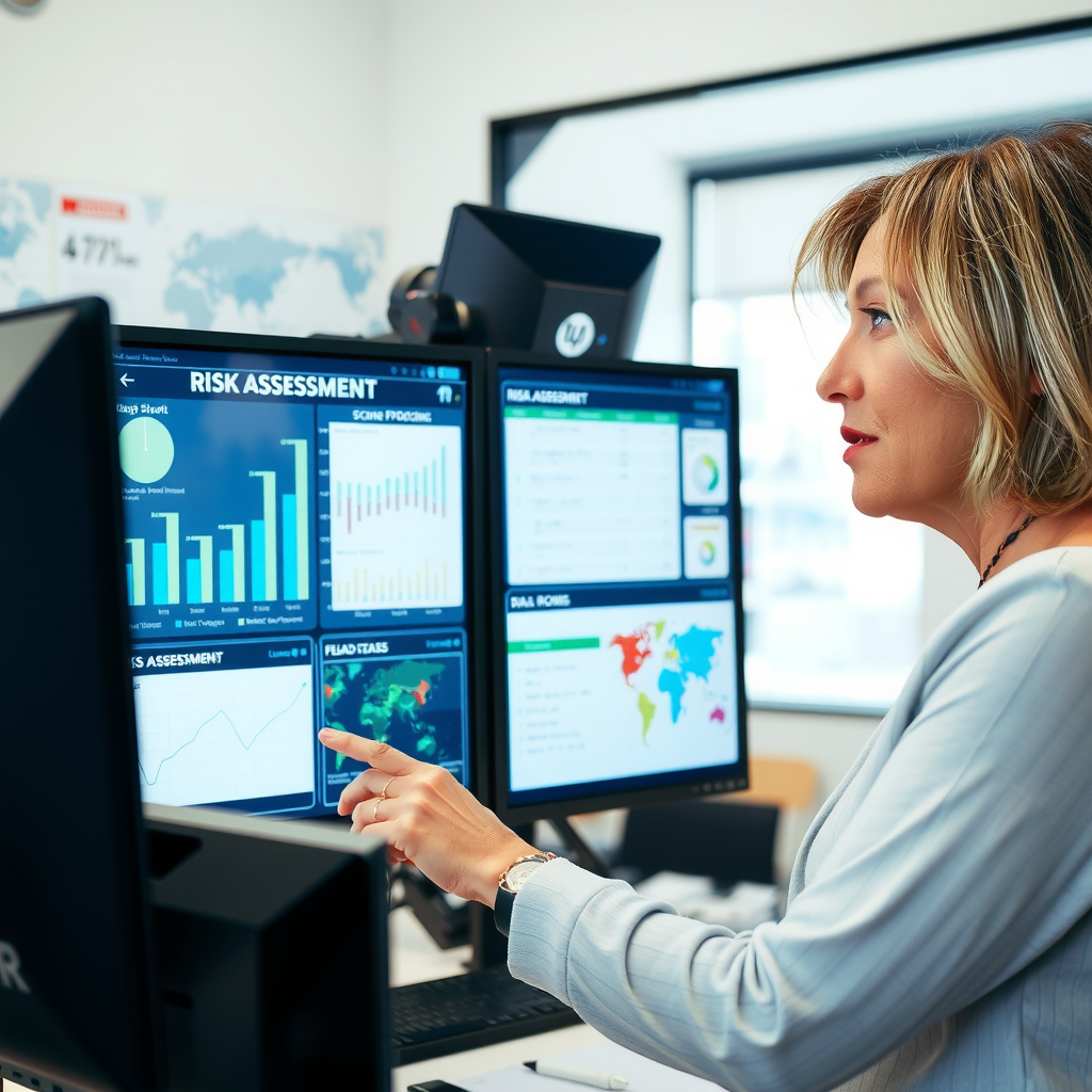 Lisa Thompson reviewing risk assessment reports on a large monitor, surrounded by data visualization charts and security protocols, professional office setting with modern technology, focused expression