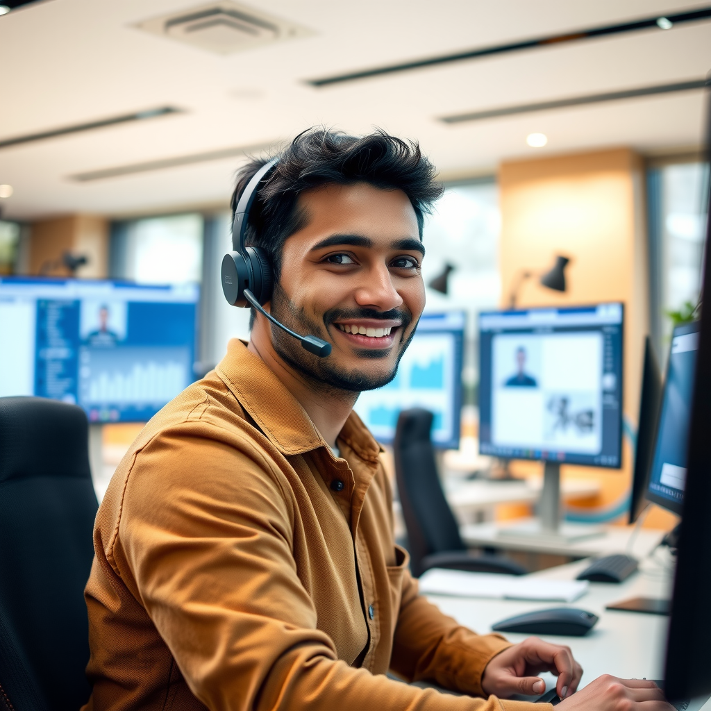 David Kumar wearing a headset, smiling while assisting a client on video call, modern customer support center with multiple screens showing client dashboards, warm and welcoming atmosphere