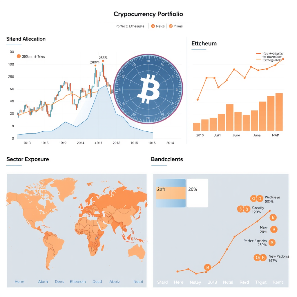 Diversified cryptocurrency portfolio visualization showing allocation across Bitcoin, Ethereum, and various altcoins with correlation matrices, sector exposure breakdown, and geographic distribution of blockchain projects with coral accent elements